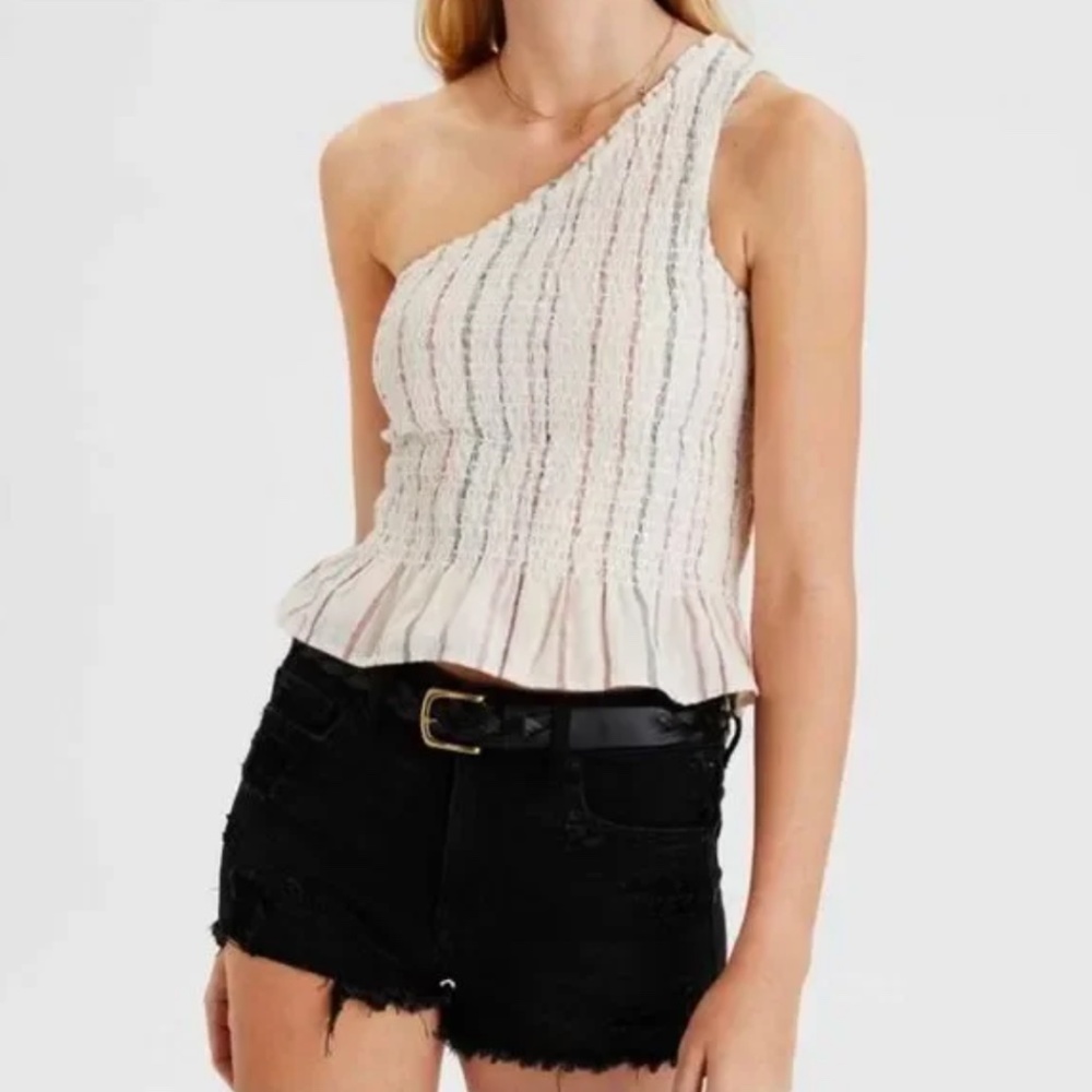 American Eagle AE Smocked One Shoulder Top in Cream - Picture 1 of 7